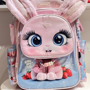 Mochila 14p bunny chimola bt304. Accesorio escolar de 14" infantil y moderno. Cuenta con dos compartimentos principales amplios y un bolsillo frontal con forma de conejo para organizar útiles pequeños.
